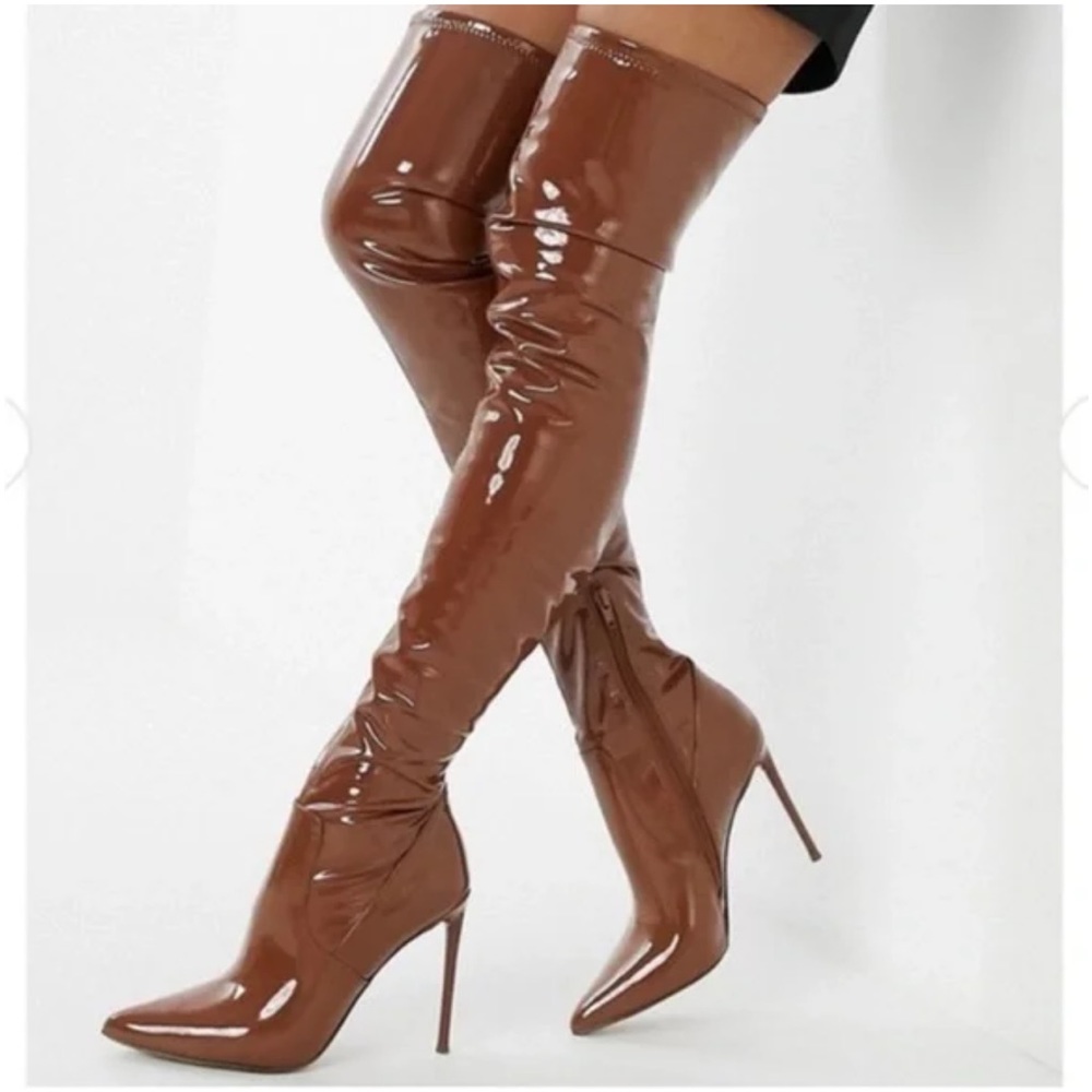 Steve Madden Vava thigh high heeled boots- Cognac/ camel brown